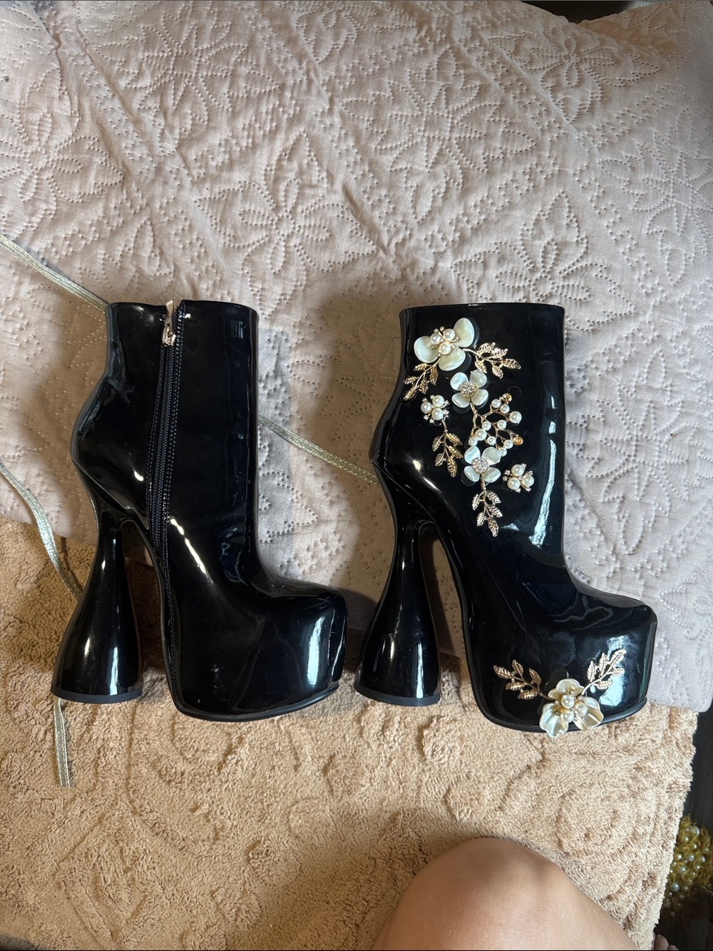 Black Patent Floral Embellished Platform Ankle Boots